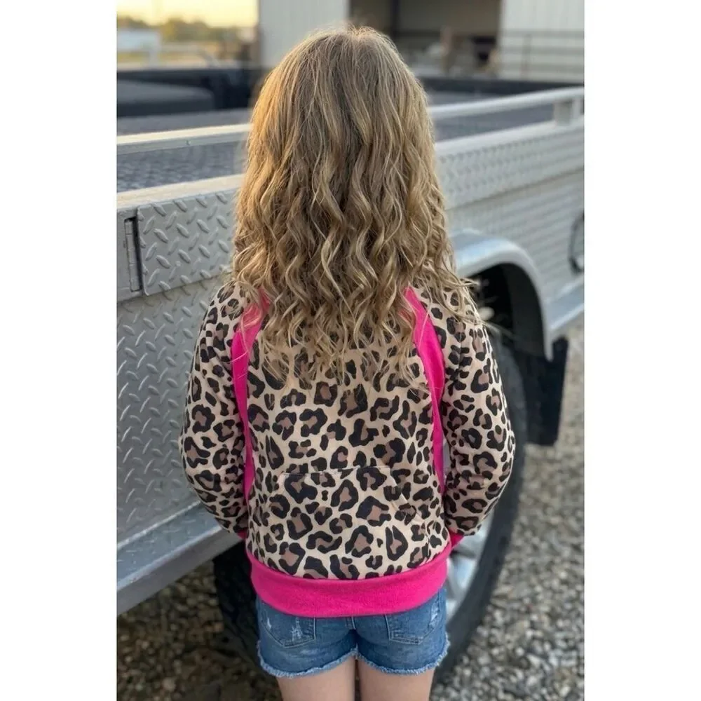 Girls Western Leopard Print Fleece Pullover Pink Trim 1/4 Zip Hoodie Casual New